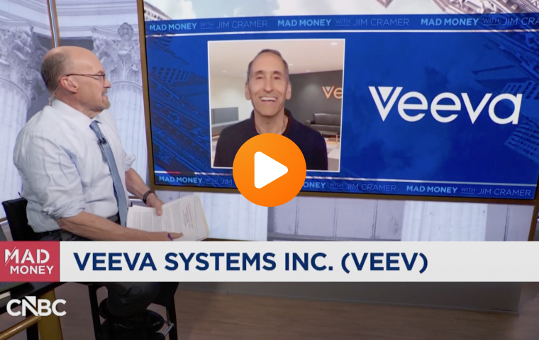 Video thumbnail of Jim Cramer on the set of CNBC's Mad Money, interviewing Veeva Systems CEO Peter Gassner via video link
