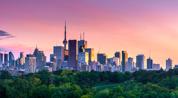 View of Toronto Financial District at sunset.