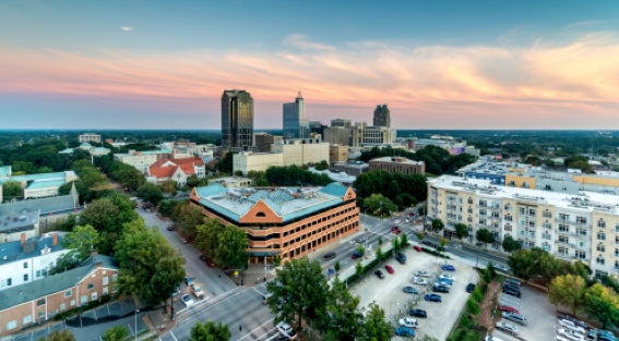 View of Downtown Raleigh, North Carolina at twilight.